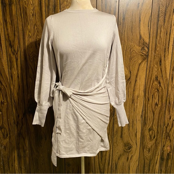 Gray Long Sleeve Sweater Dress Tie Waist Crewneck Knitted - Picture 2 of 9